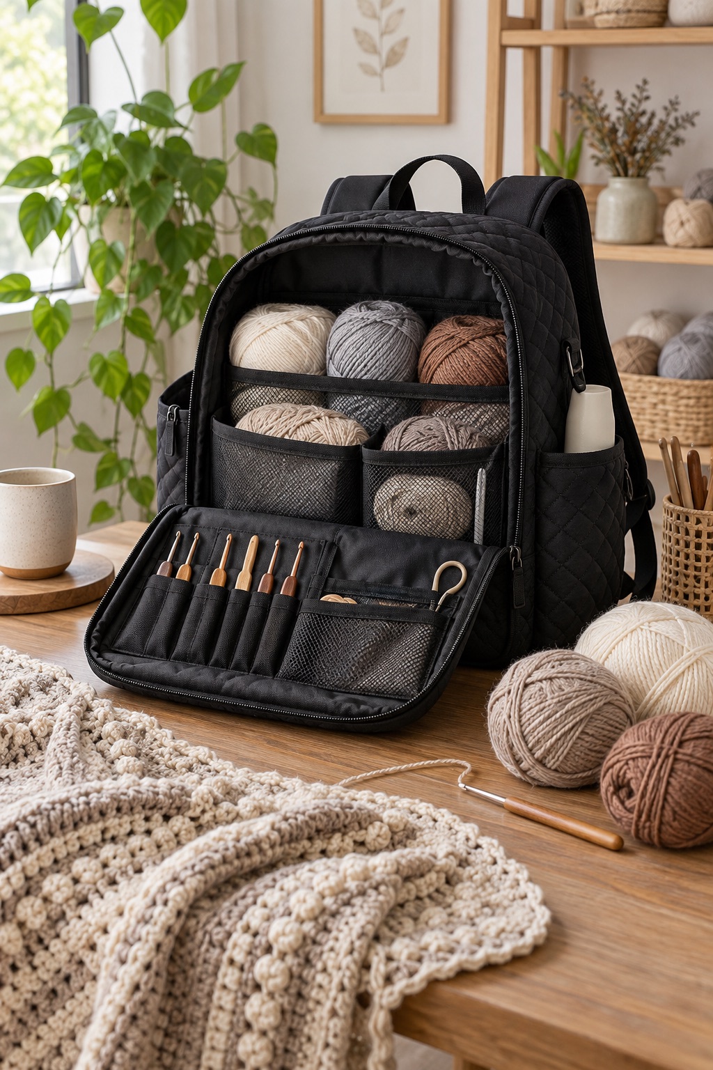 13 Crochet Project Bags That Keep Yarn Tangle-Free on the Go Black quilted crochet backpack with yarn compartments and hook pockets