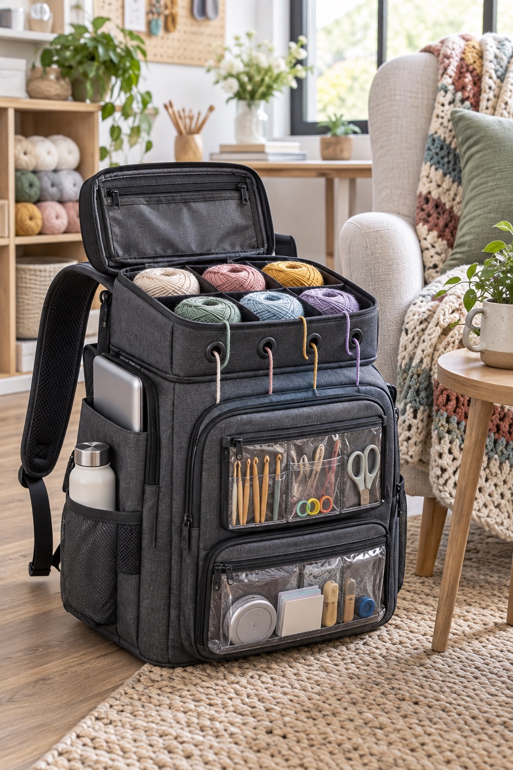 13 Crochet Project Bags That Keep Yarn Tangle-Free on the Go Large charcoal crochet backpack with yarn pockets and padded straps