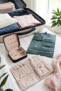 Organized carry-on with compact travel jewelry cases and rolls