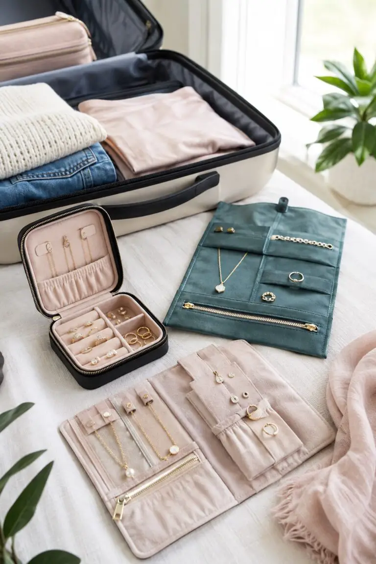 Organized carry-on with compact travel jewelry cases and rolls