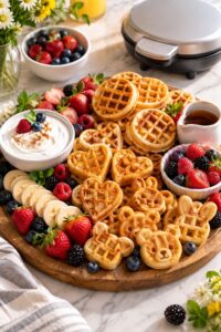 Brunch board with round heart and animal-shaped mini waffles