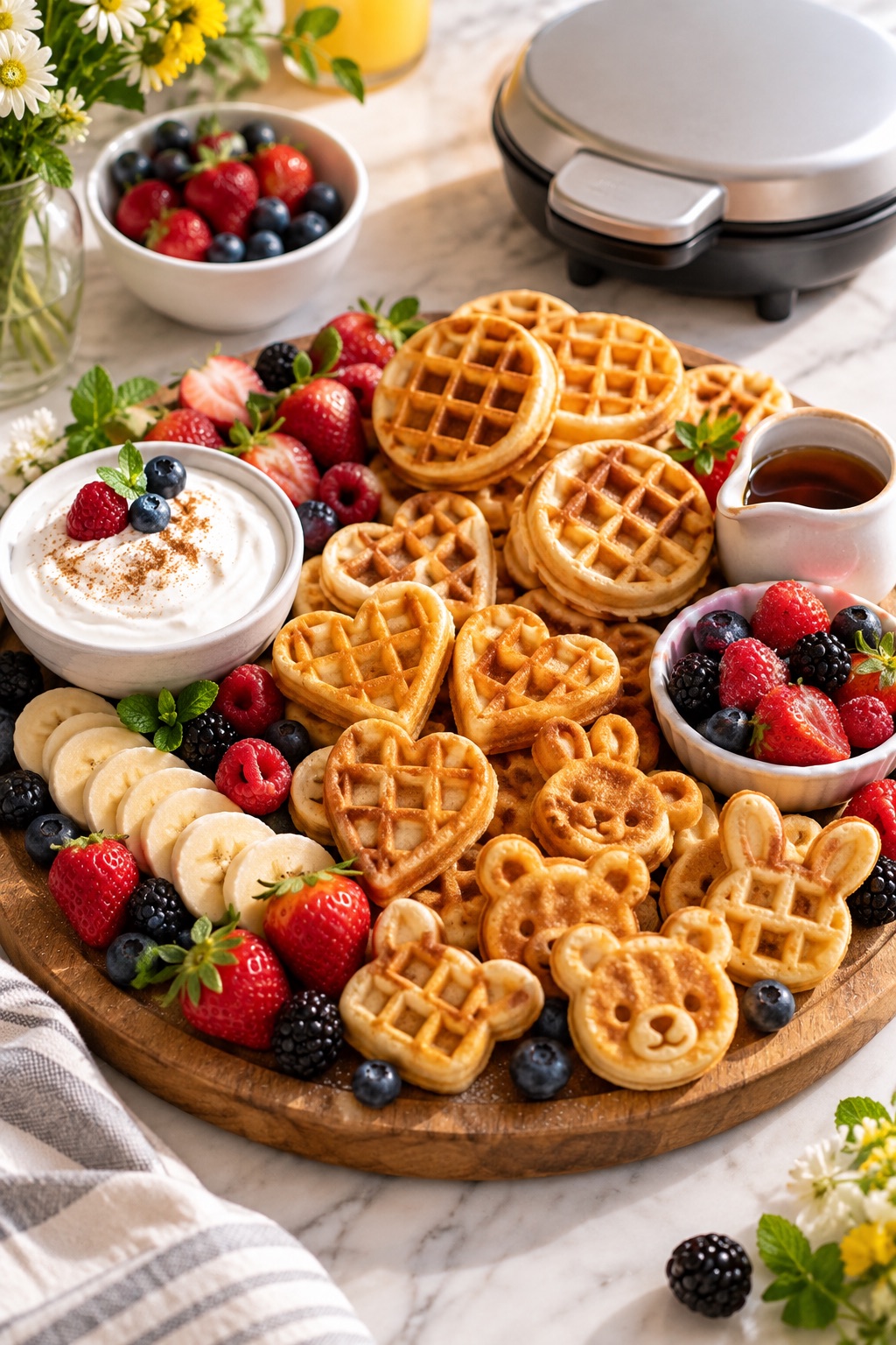 Brunch board with round heart and animal-shaped mini waffles