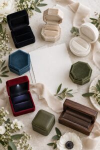 Assorted wedding ring boxes arranged with ribbon, flowers, and blank stationery.