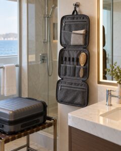 Hanging toiletry organizer and carry-on in a compact hotel bathroom