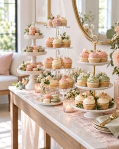 Elegant small party dessert table with tiered cupcake stands