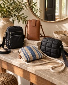 A styled collection of small crossbody phone bags in varied materials
