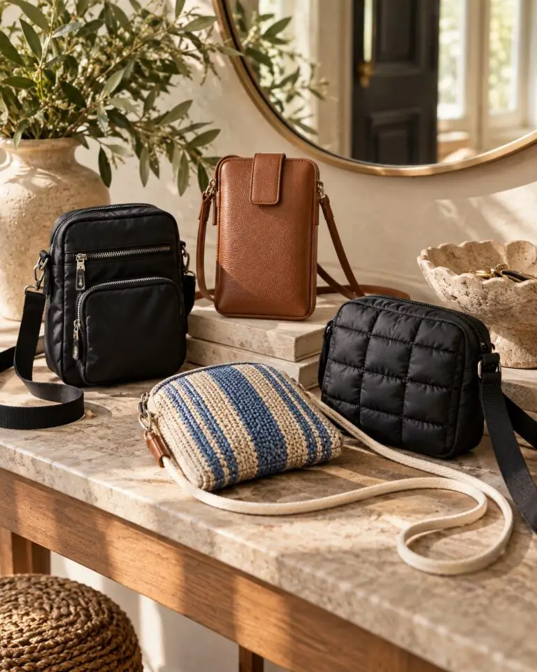 A styled collection of small crossbody phone bags in varied materials