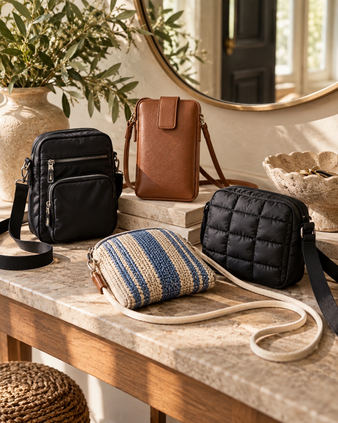 A styled collection of small crossbody phone bags in varied materials