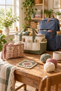 Collection of crochet project bags with colorful yarn in a sunlit craft room