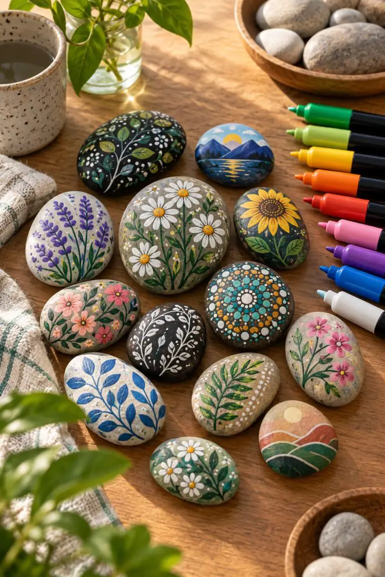 Assorted painted pebbles and unbranded acrylic markers on a craft table