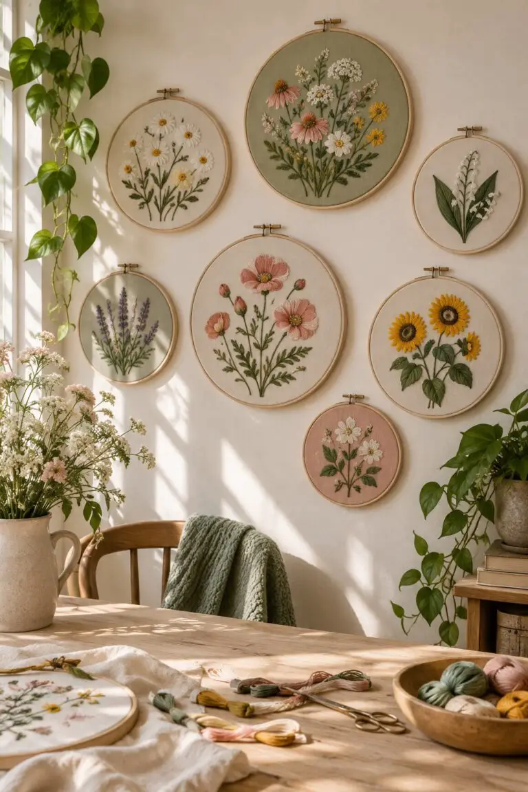 Gallery of botanical floral embroidery hoops displayed above a craft table