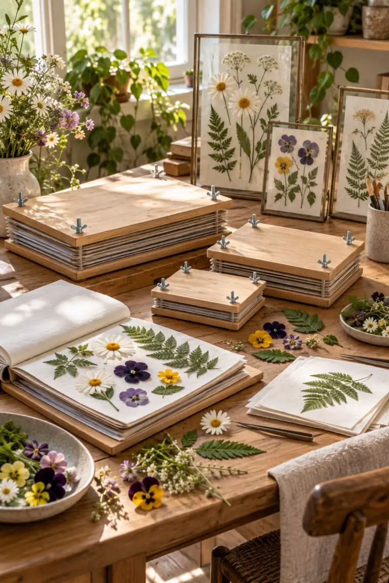 Wooden flower presses, fresh botanicals, and pressed-flower art in a sunny craft studio