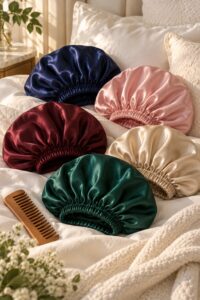 Collection of satin and silk sleep bonnets arranged on a bed