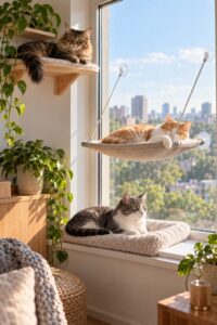 Three cats using a cushioned sill bed, suction hammock, and upper window shelf in a bright apartment