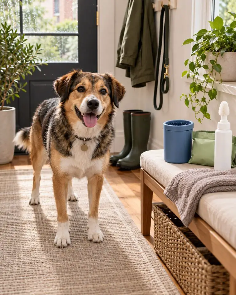 Dog standing beside a tidy apartment entryway paw-cleaning station after rain