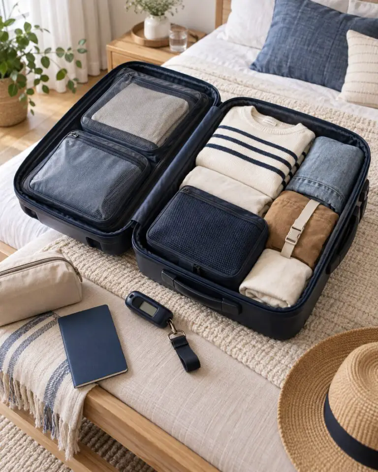 Open navy suitcase packed neatly with travel organizers and an unbranded luggage scale