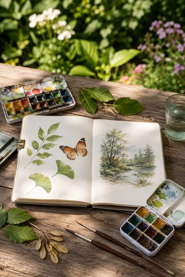Watercolor palettes and nature journal on a sunny garden table