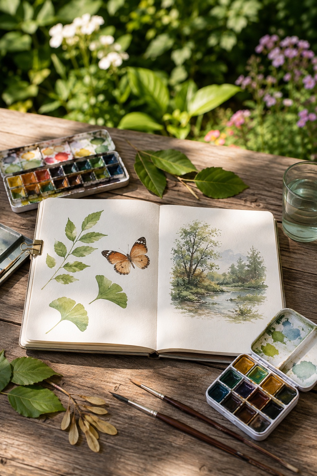 Watercolor palettes and nature journal on a sunny garden table