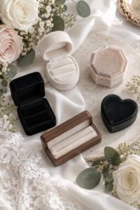 Collection of unbranded wedding ring boxes arranged with roses and lace