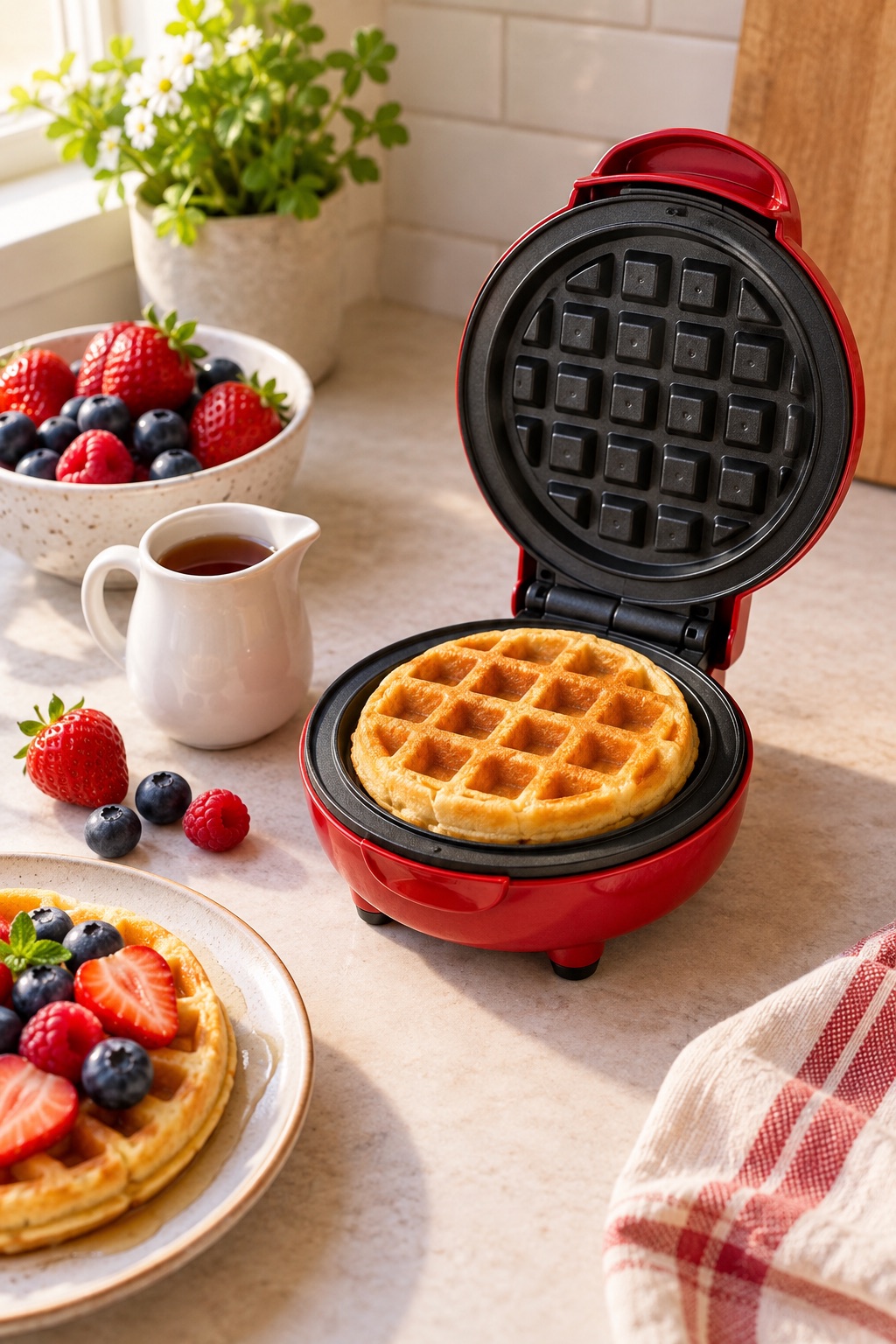 Red four-inch waffle maker with a round mini waffle and berries