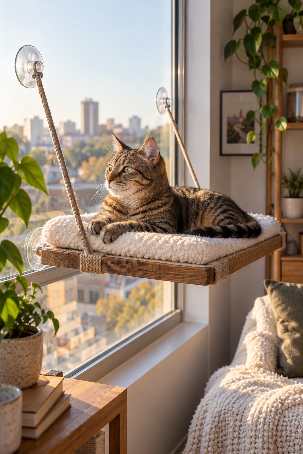 Tabby cat resting on a rustic wooden window shelf in a small apartment