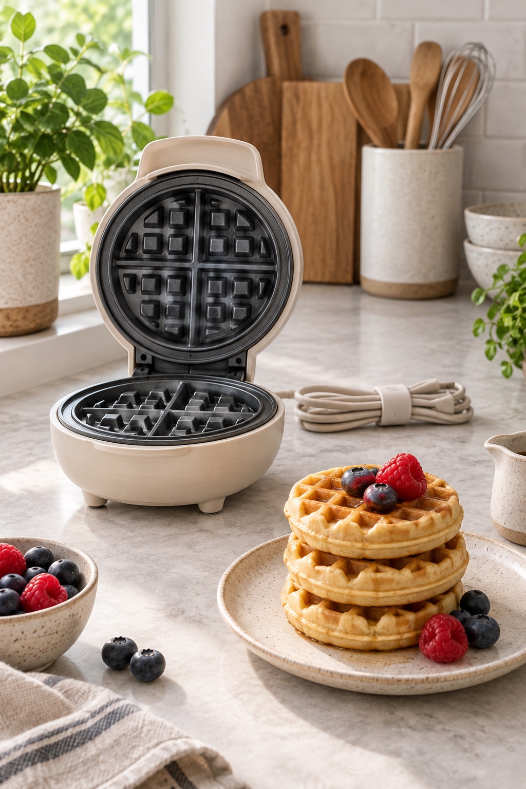 Oat-colored stackable mini waffle maker beside three round waffles