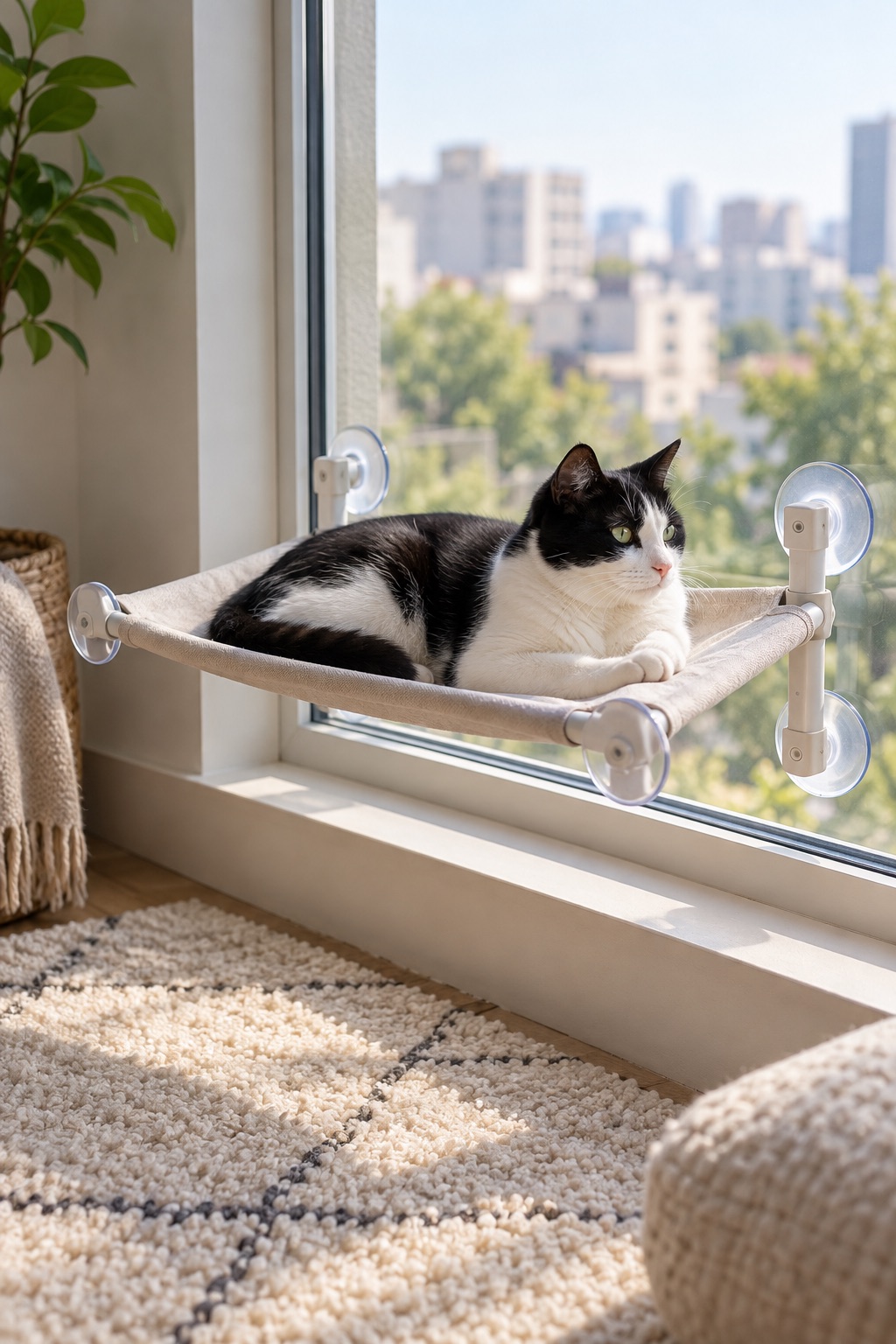 Orange cat relaxing in a simple fabric window hammock supported by suction cups
