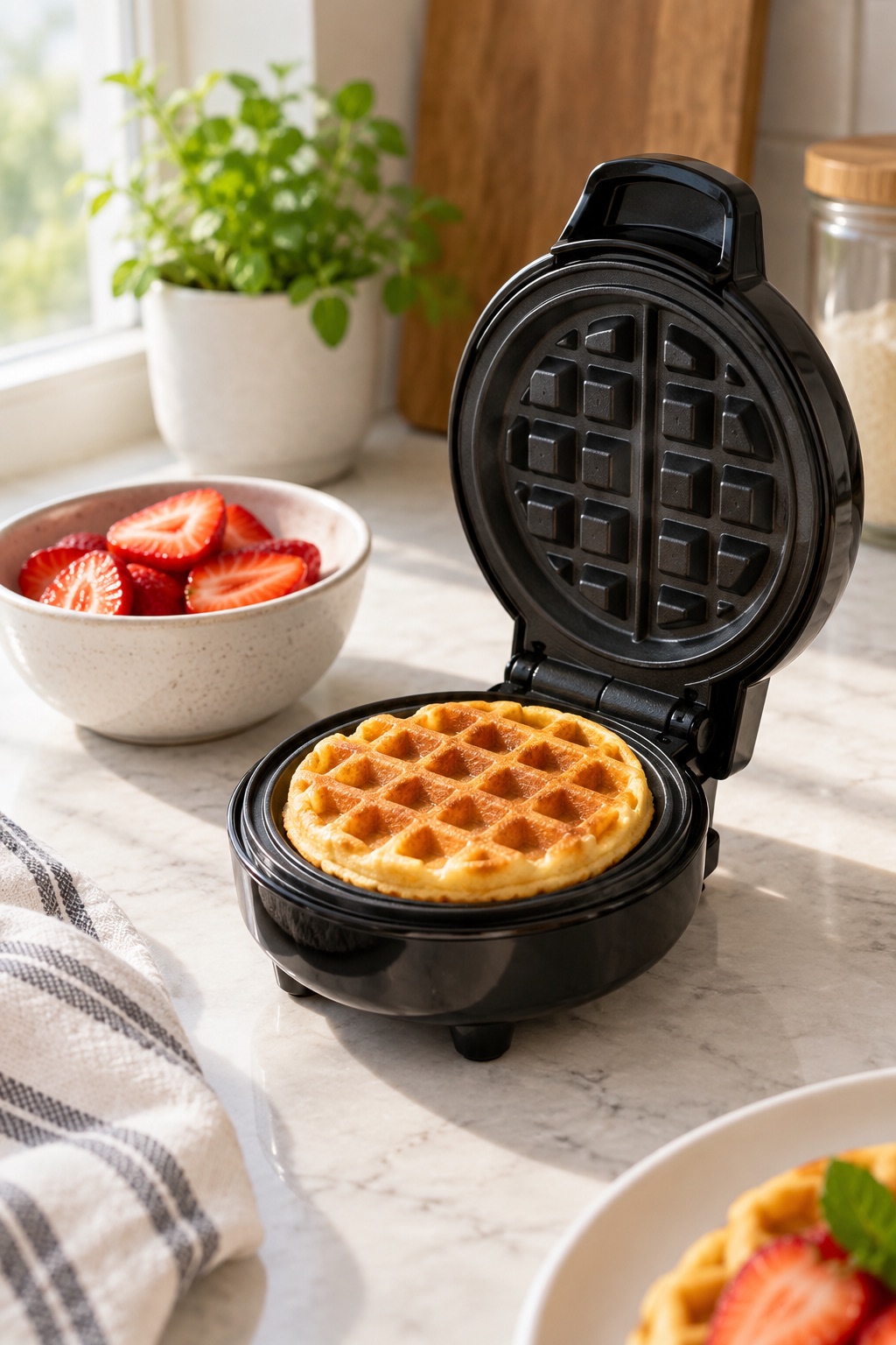 Black compact mini waffle maker with strawberries