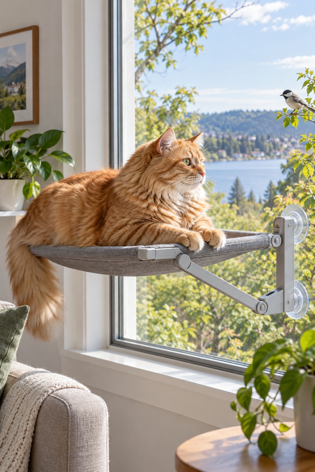 Gray cat curled on a padded suction-mounted window perch