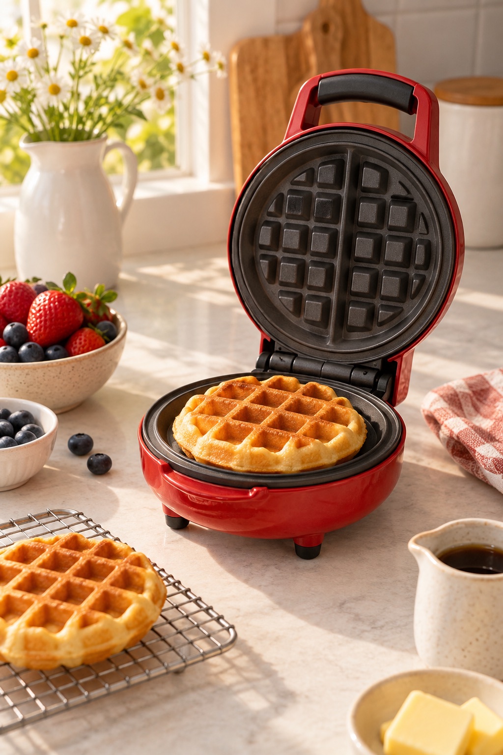 Red personal waffle maker with a round waffle cooling on a rack