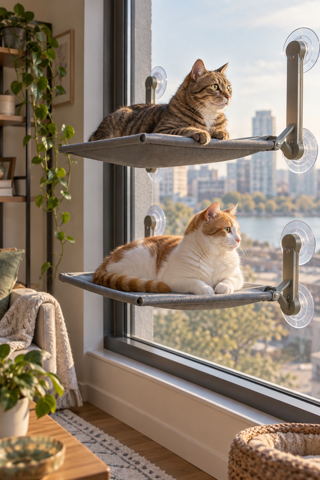 Two cats using stacked window hammocks on a tall apartment window