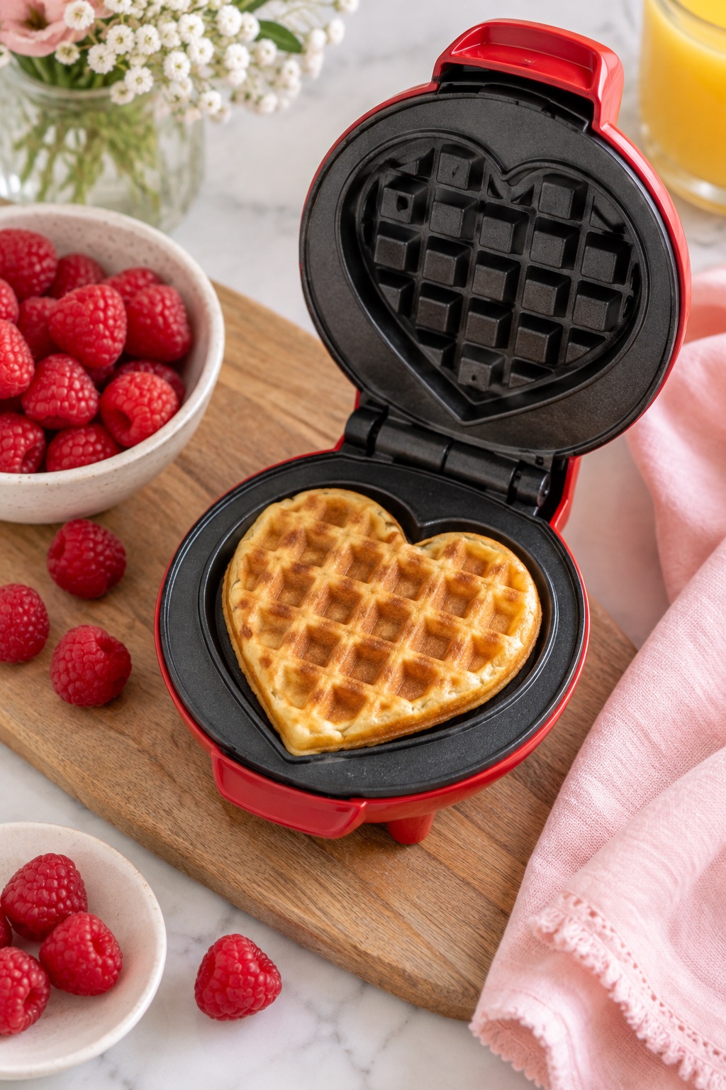 Heart-shaped mini waffle maker with raspberries