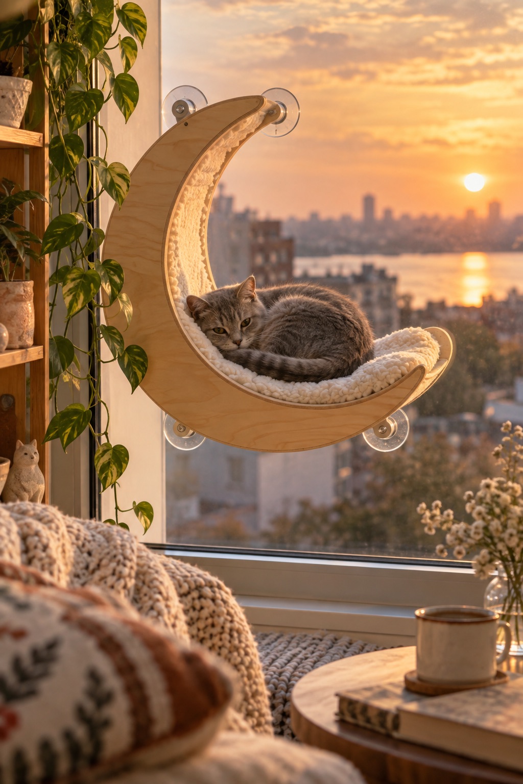 Black cat lounging in a crescent-shaped window perch