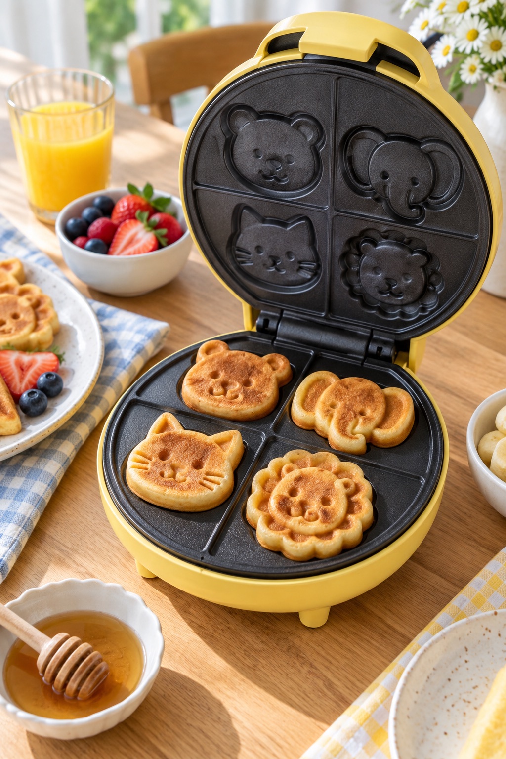 Yellow compact waffle maker with four animal-shaped waffles
