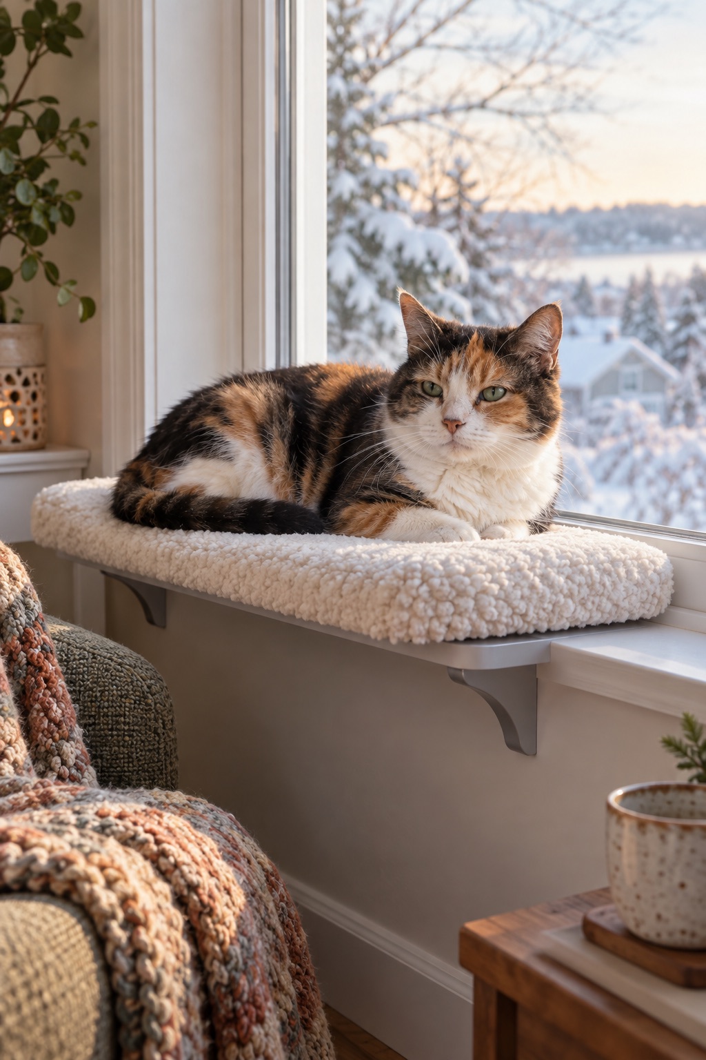 Senior cat resting on a fleece-covered window sill bed