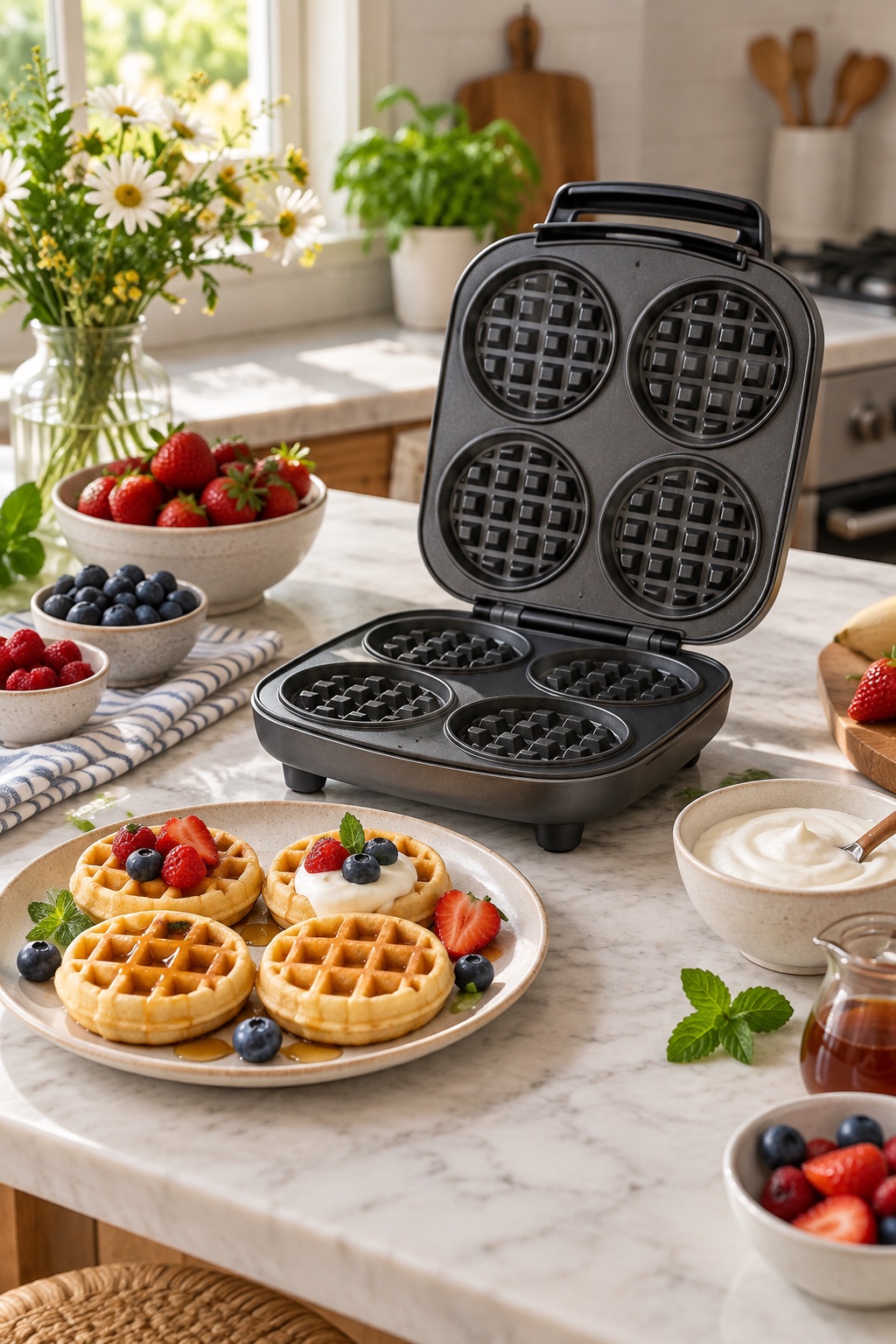 Four-well mini waffle maker with a plate of fruit-topped waffles