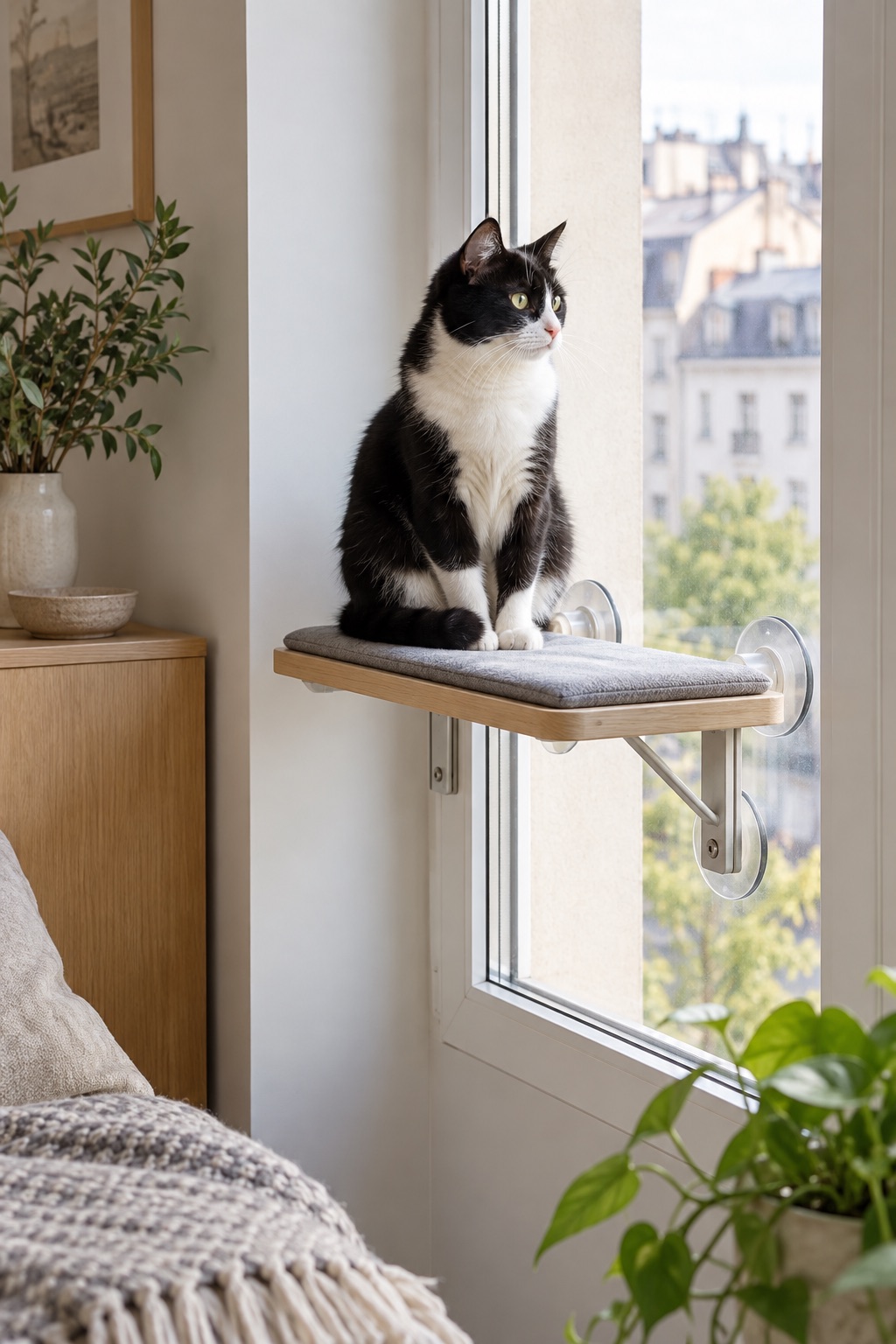 White cat on a minimalist light-wood window perch in a modern apartment