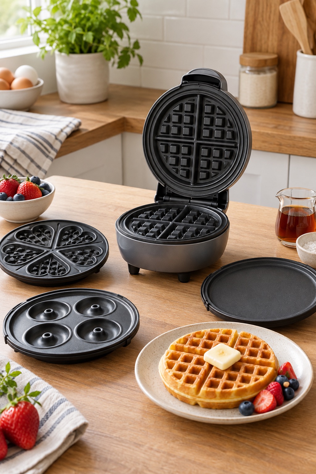 Compact breakfast maker with interchangeable waffle donut and griddle plates