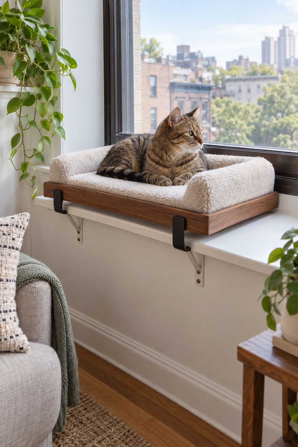 Gray cat on an adjustable window sill perch with metal brackets