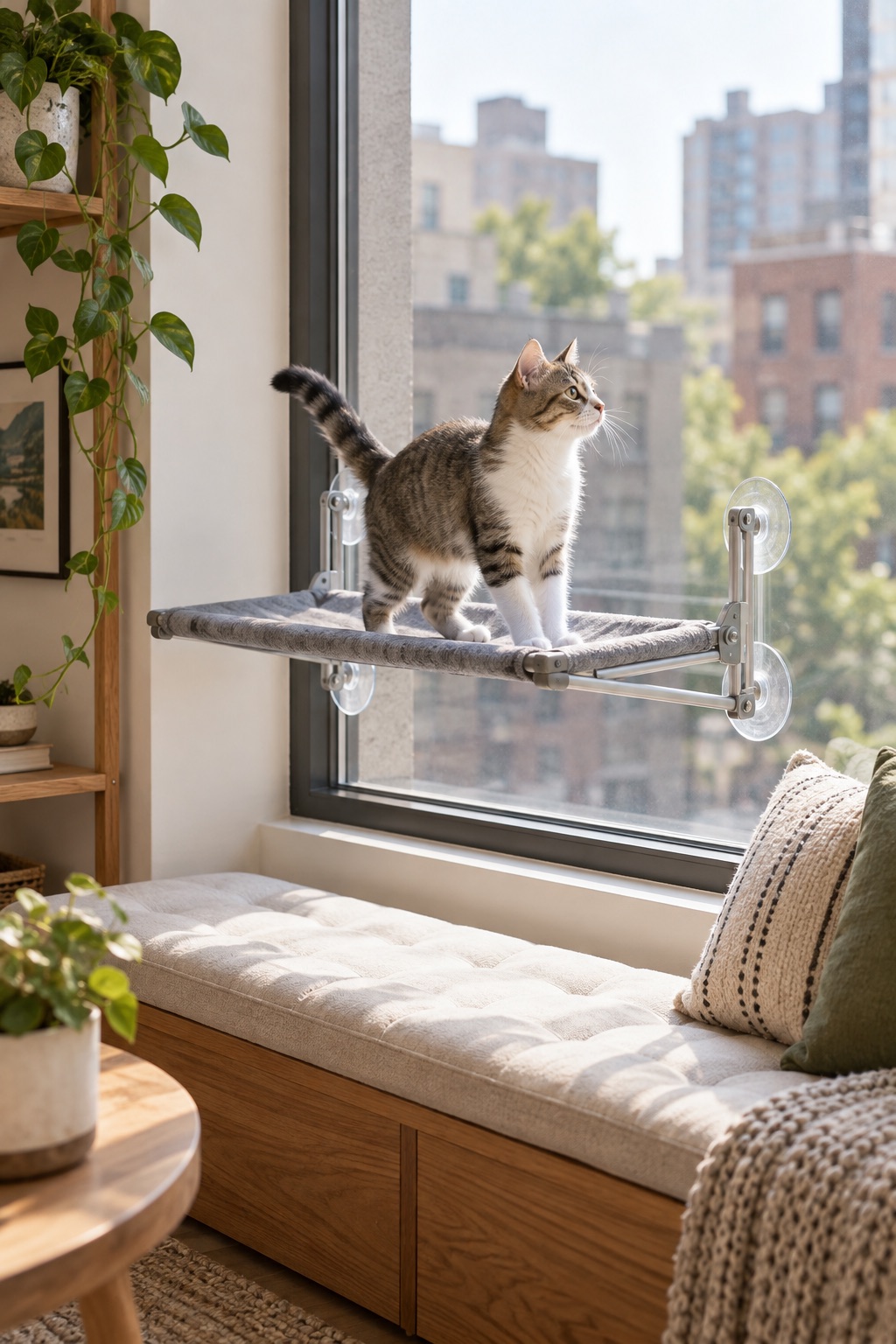 Tuxedo cat stepping onto a cordless window hammock with an open front