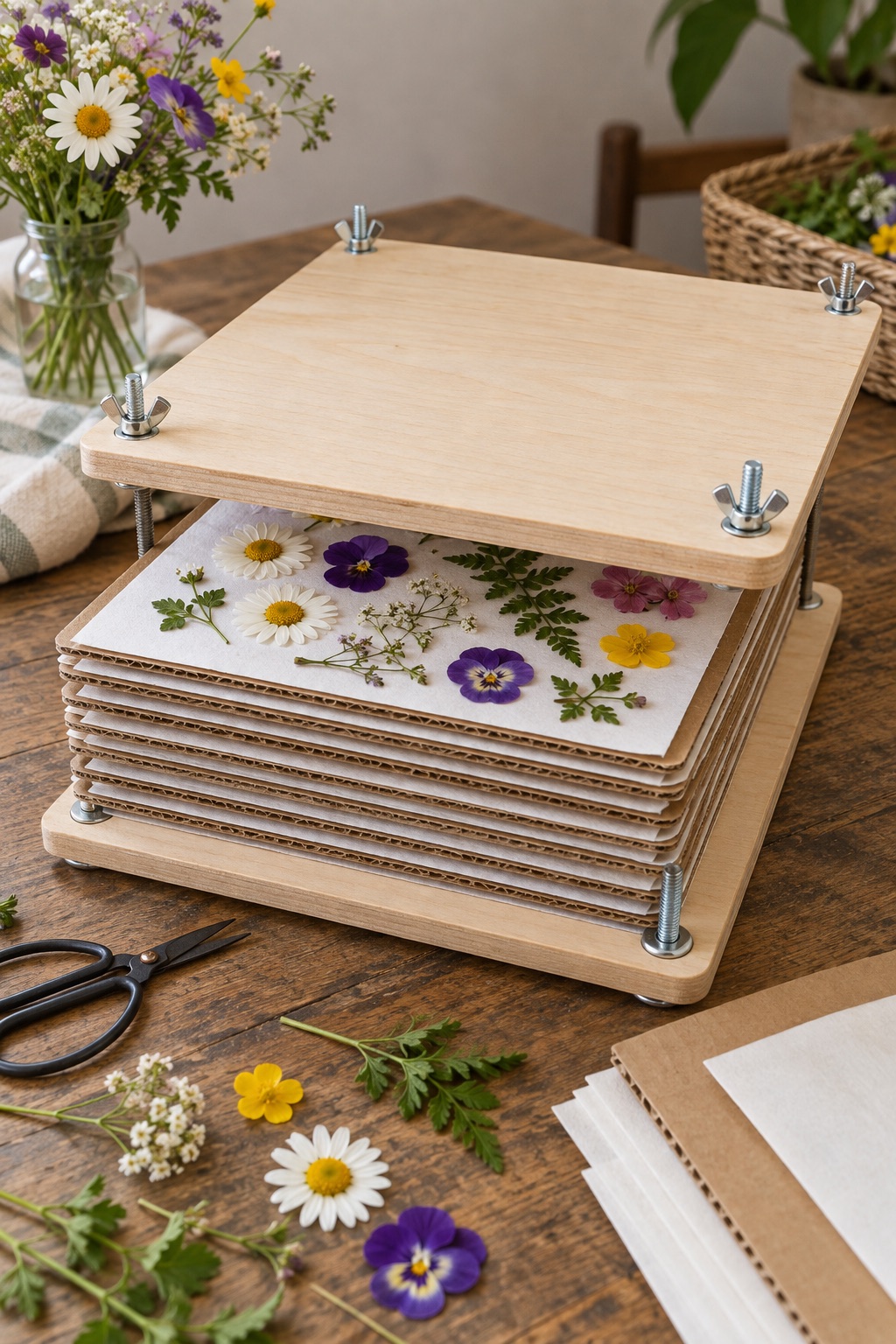 Large square wooden flower press with ten pressing layers