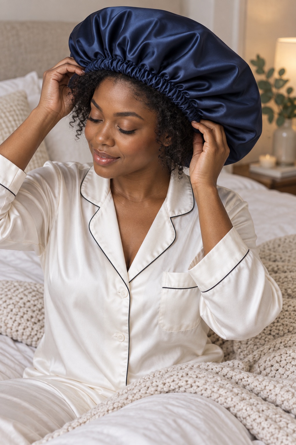 Navy oversized satin bonnet for voluminous curls