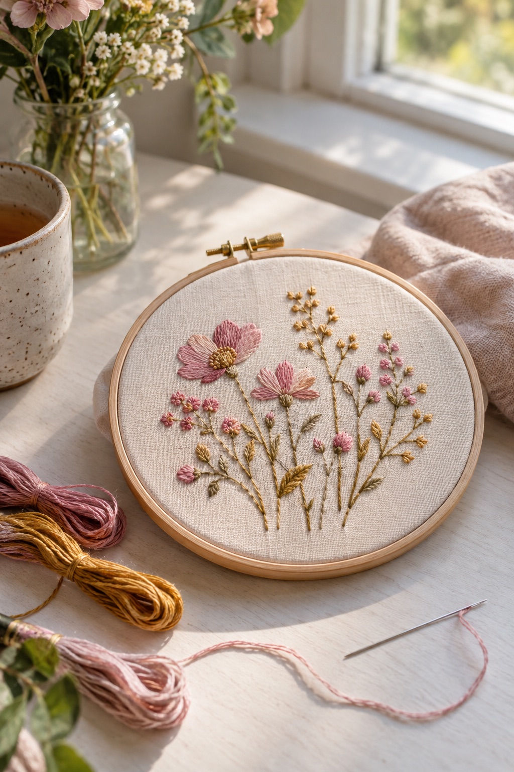 Pink and gold flowers stitched in an embroidery hoop beside thread