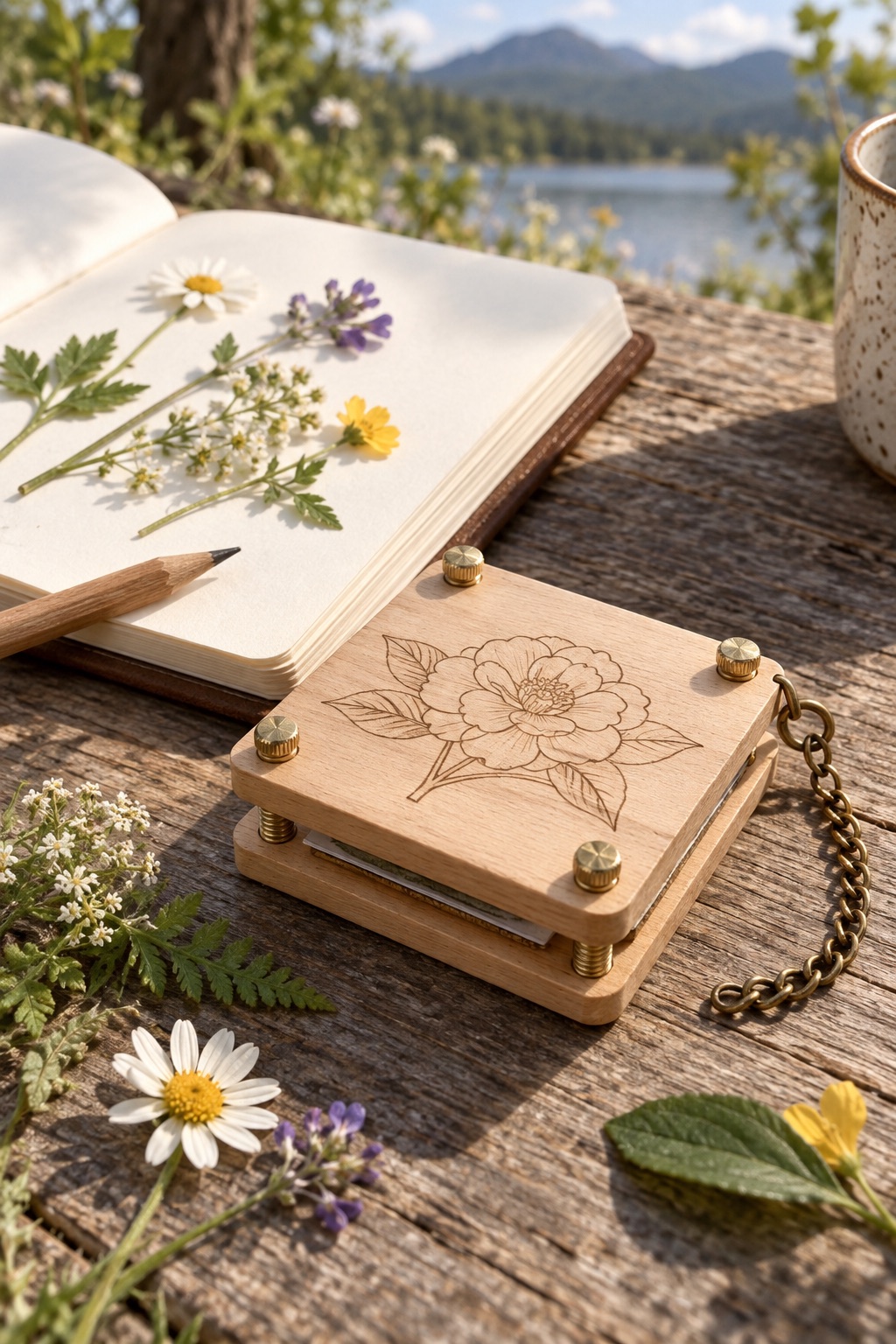 Tiny pocket flower press with carrying chain beside a blank journal