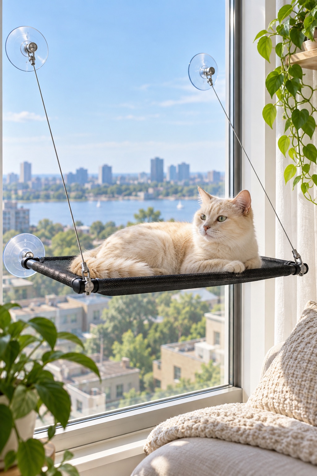 Cream cat on a durable black mesh window cot with support cables