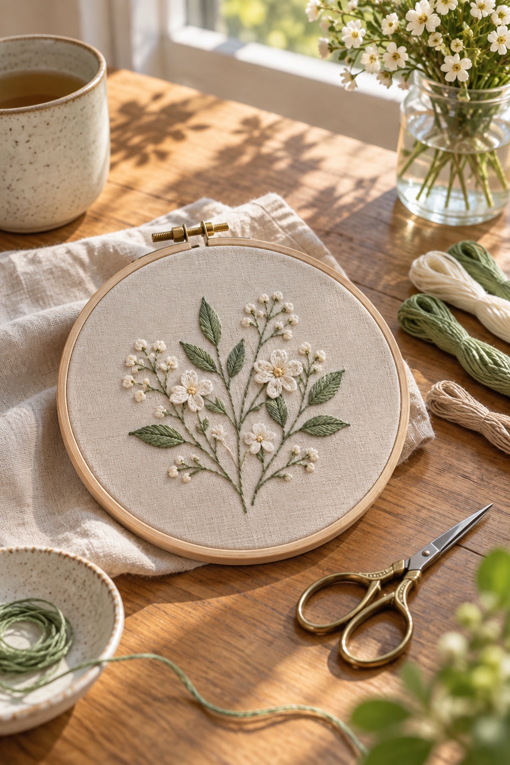 White flower and sage leaf embroidery hoop on a sunny desk