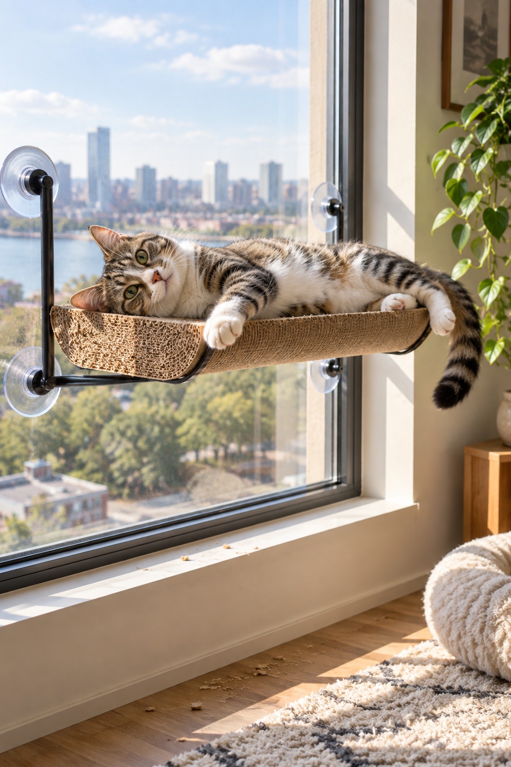 Playful tabby stretched across a corrugated-cardboard window cradle