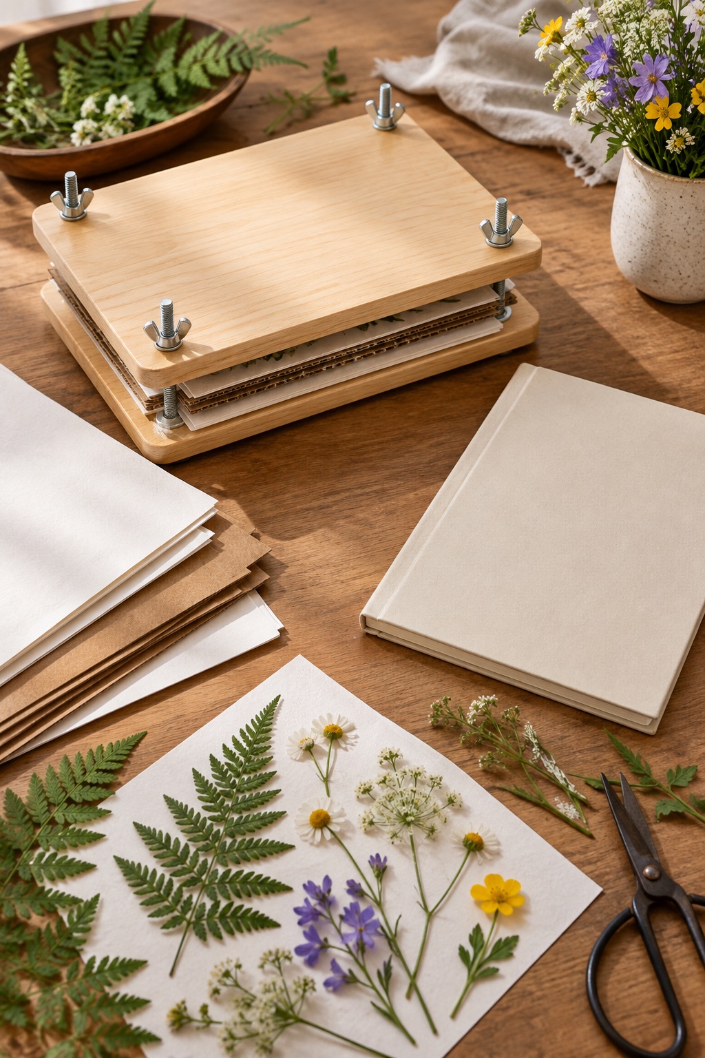 Natural wood flower press with a blank herbarium journal