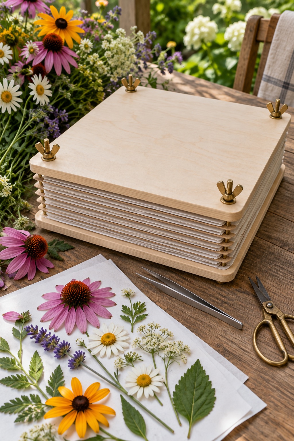 Large wooden bouquet press with blotting papers and hand tools