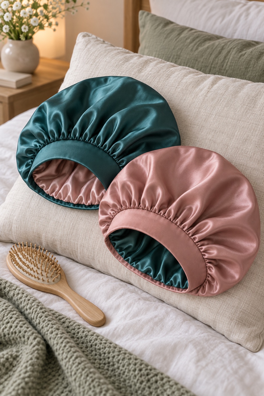 Teal and rose reversible satin bonnets on a pillow